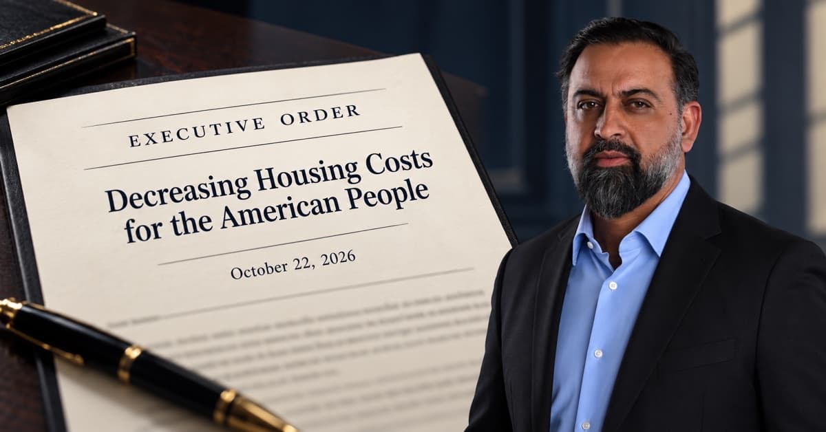 Shahram Sondi beside an illustration of the October 22, 2026 housing executive order.