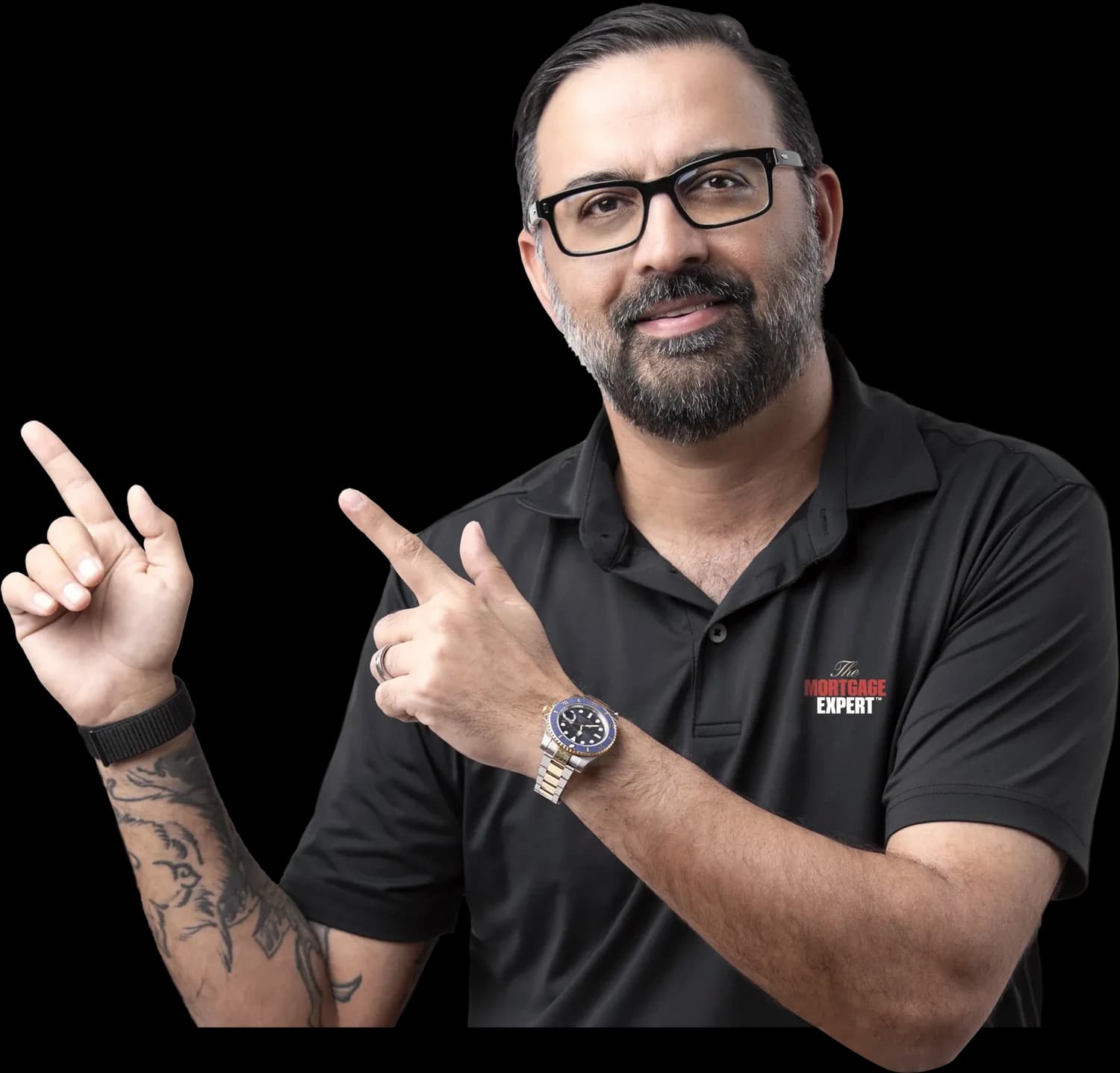 Shahram Sondi, mortgage broker, wearing glasses and pointing