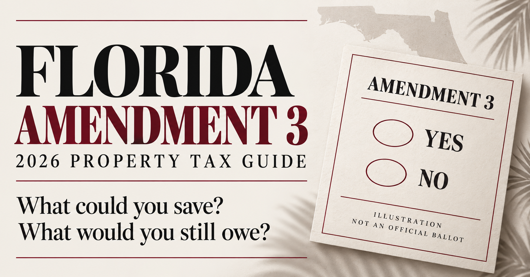 Florida Amendment 3 property tax guide: what could you save and what would you still owe? Ballot-inspired illustration with unmarked Yes and No choices.